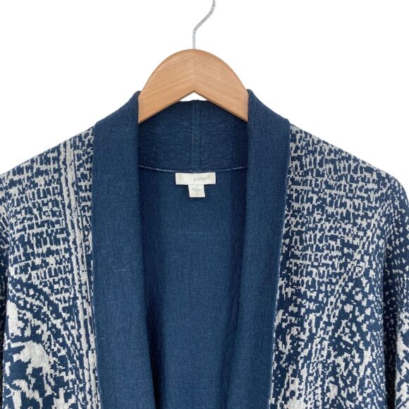 Pure Jill Cardigan Sweater Womens Medium Blue White Geo Print Cotton Open Front - Picture 7 of 16